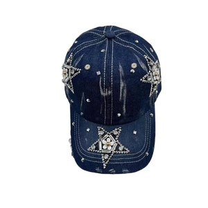 Dark blue denim baseball cap with rhinestone star pattern and floral sequin embellishments