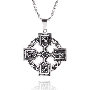 Silver Viking Celtic cross pendant necklace in stainless steel on white background