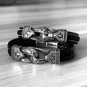 Retro Viking engraved stainless steel clasp with black braided leather bracelet for men