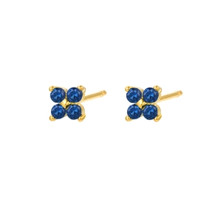 Elegant gold plated clover stud earrings with sparkling blue zircon in a four-leaf design