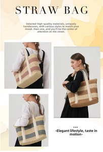 Collage of colorful striped handmade straw tote bags worn on shoulder for beach vacation