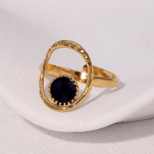 Vintage 18k gold plated stainless steel open ring with black enamel oval centerpiece