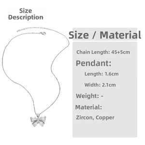 Size chart for bow necklace featuring 45+5cm chain length and zircon copper pendant