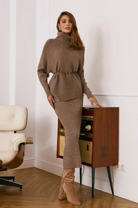 Detail of dark mocha brown knit sweater and midi skirt set with a matching slim belt