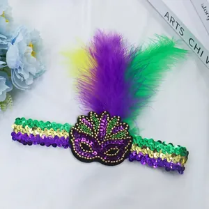 Green gold and purple sequin headband with festive feathers for Carnival party