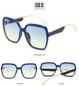 Detail views of gradient square sunglasses showing blue frames and gold metal temples