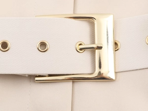 Detail eines beigen Stoffgürtels mit glänzender goldener Schnalle und Metallösen