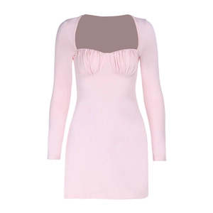 Detail of pink long sleeve mini dress featuring ruched bust and square neckline design