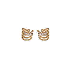 Golden multi-layer crisscross ear cuff with sparkling zircon stones in a sleek geometric style