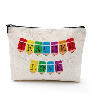 Waterproof linen Teacher Love makeup bag with colorful pencil print and black zipper