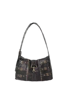 Vintage black faux leather tote bag with decorative belts and metal hook closure