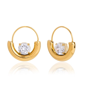18K gold plated stainless steel hoop earrings with round white zircon stones in U-shape