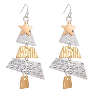 Elegant gold and silver tone Christmas tree long drop earrings for holiday party jewelry