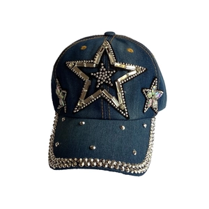Navy blue denim baseball cap with rhinestone star and silver studded decorations