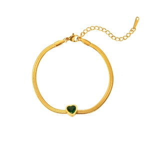 18k gold plated stainless steel snake chain bracelet with a green zircon heart charm
