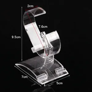 Clear acrylic watch display stand with curved support and large stable base for retail storage