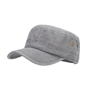 Classic grey washed cotton cadet cap with flat top and vintage metal eyelets