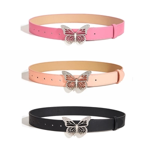 Women Faux Leather Belt With Butterfly Rhinestone Buckle Vintage Sweet Decorative Waistband For Jeans