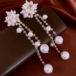 Boucles D'oreilles Pendantes Fleur Künstliche Perle Gland Avec Tige En Argent 925 Cristal Bijoux Vintage Élégants Femmes