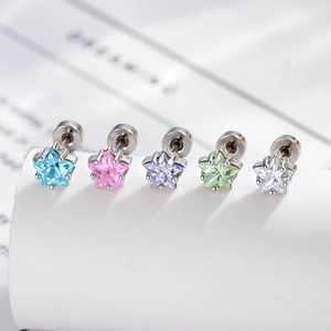Star Zircon Ear Cartilage Stud Titanium Steel Copper Piercing Jewelry Fashion Colorful Pentagram Screw Back For Women