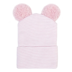 Berretto in maglia per neonato a righe rosa e bianche con due grandi pompon in alto