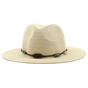 Women's British style wide brim straw sun hat with decorative beads and metal relief