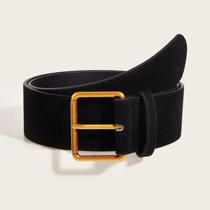 Vintage wide black suede belt for women featuring a matte gold buckle on a neutral base