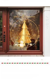 Stickers de Noël dorés avec sapin et bonhomme de neige sur vitrine en verre