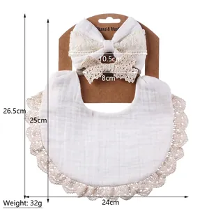 White cotton muslin baby bib and lace headband set with detailed dimension markings