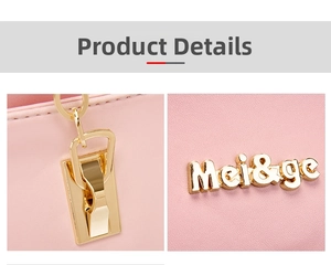 Detail shot of pink leather handbag with gold metal logo and precise stitching