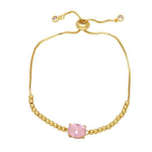Adjustable gold beaded bracelet with pink oval zircon and slider box chain closure