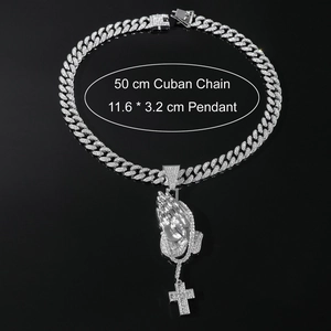 Hiphop iced out praying hands and cross pendant with 50cm silver cuban chain for men