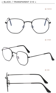 Three-way view of irregular black and transparent metal frame sunglasses showing all angles