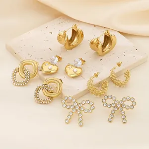 Heart Bow Stainless Steel Earrings 18K Gold Plated Zircon Artificial Pearl Geometric Trendy Fashion Jewelry For Women Elegant