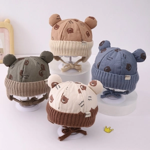 Winter corduroy bear ear flap hats for kids in brown, green, blue and cream colors