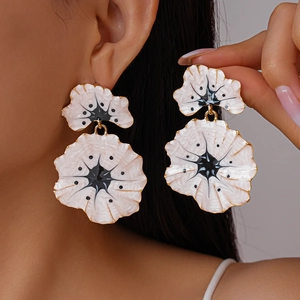Vintage Double Layer Ginkgo Flower Drop Earrings For Women Off White Enamel Alloy With Steel Earring Post Retro Style