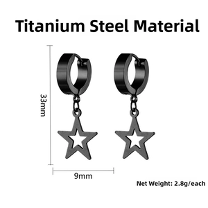 Detail of black titanium steel huggie earrings with hollow star charms and 33mm dimension