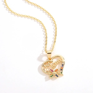 Golden heart necklace with Mom lettering and colorful crystal butterfly pendant jewelry