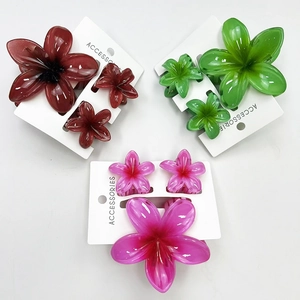 Detailed set of resin flower hair claws in red, green, and pink colors on white background