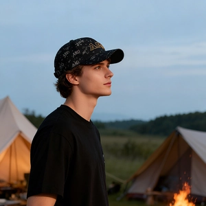 Casquette de baseball noire avec broderie dorée et imprimé intégral en scène de camping