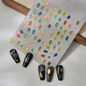 3D shiny galaxy nail art stickers with embossed gemstone designs and gold frames
