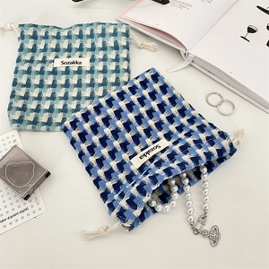Pochette de rangement en tweed à carreaux avec cordon pour bijoux et accessoires
