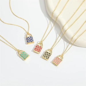 Minimalist gold lock necklace with colorful checkered enamel and micro-set zircon accents