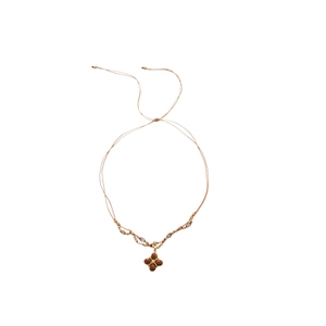 Tiger eye stone pearl flower pendant necklace with adjustable brown braided cord for women