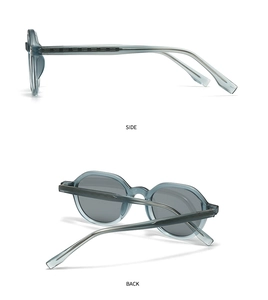 Side and back view of retro translucent blue polarized sunglasses with grey lenses