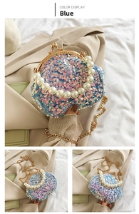 Detail of blue sequin mini shell bag with pearl handle and golden chain strap