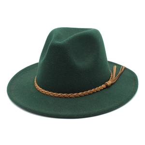 Classic dark green wool fedora hat with a brown braided band and fringe tassel trim