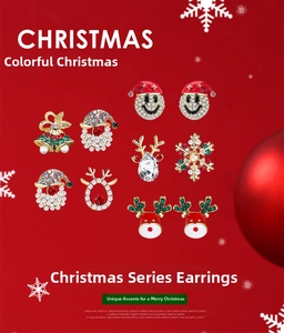 Close-up of Christmas stud earrings with reindeer, snowflake, and Santa Claus motifs