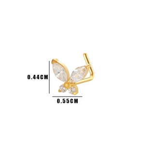 Detailed view of a gold butterfly nose stud with zircon inlay and exact dimensions