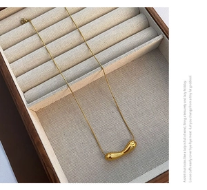 Detail of a gold plated irregular pendant on a fine snake chain inside a jewelry box